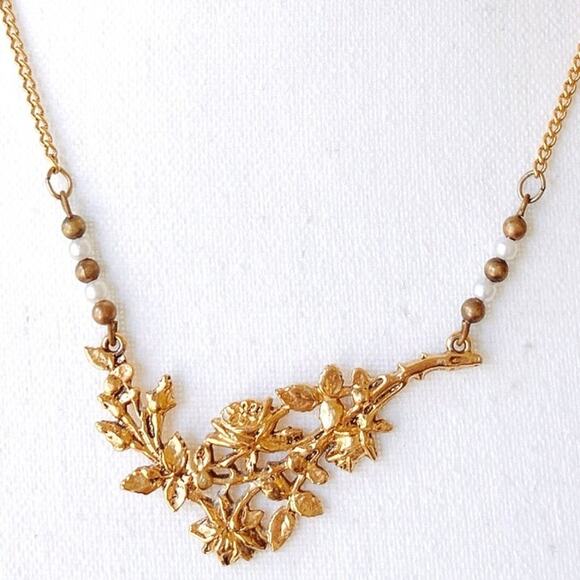VTG 1950s Signed ART Floral Gold Tone Necklace Faux Pearl Mid Century Jewelry - Picture 6 of 10